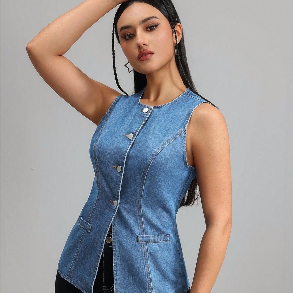 Sleeveless Denim Button-Up Vest